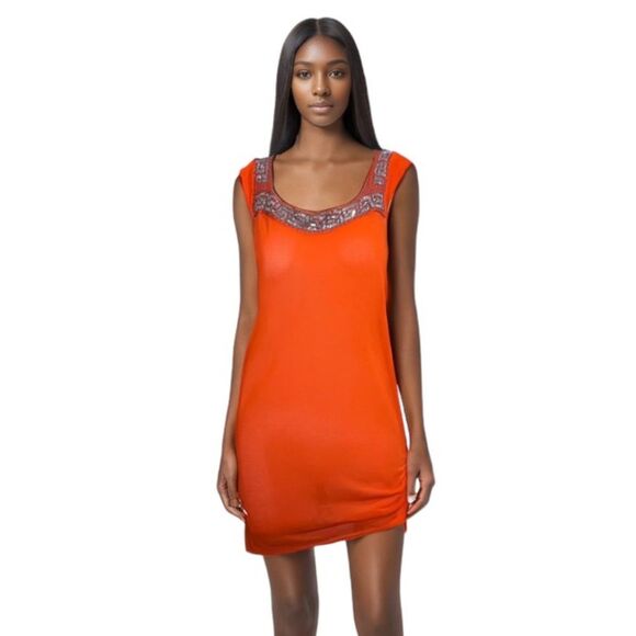 IISLI Orange Square Sequin Neck Scrunch Side Cap Sleeve Mini Dress Y2K Medium - Picture 1 of 10